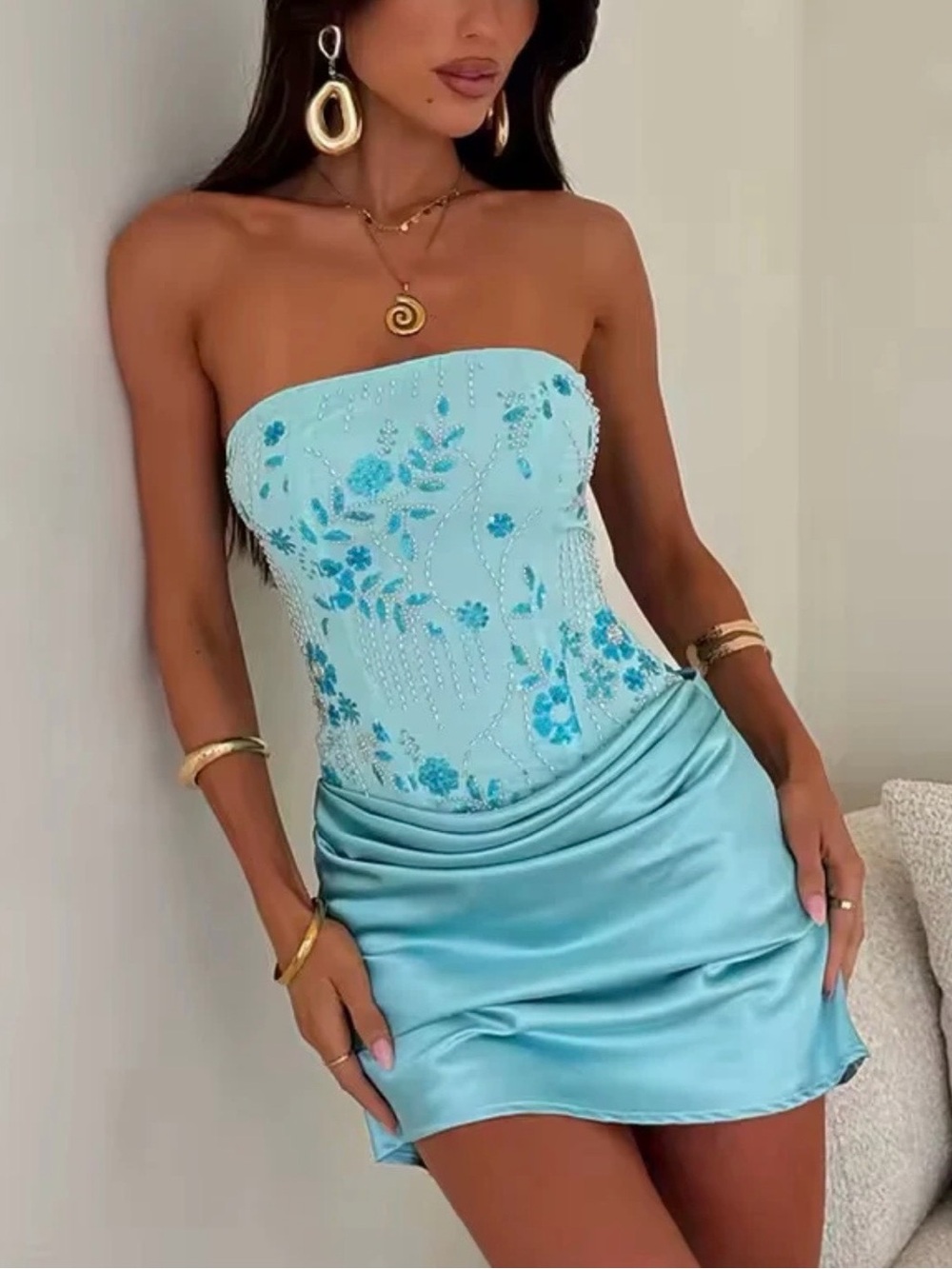 Aqua Strapless Beaded Satin Mini Dress Size Small